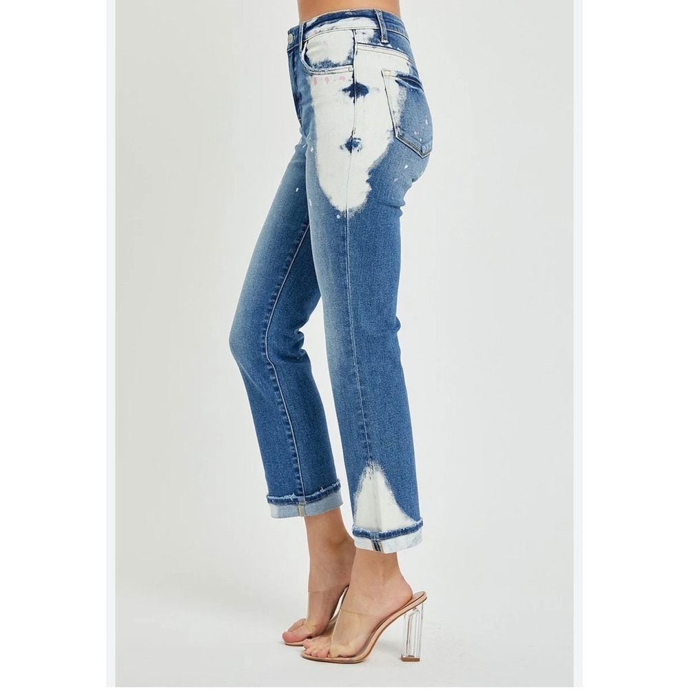Risen Jeans High Rise Straight Leg Bleach Splash Splatter Denim Blue Size 5/27